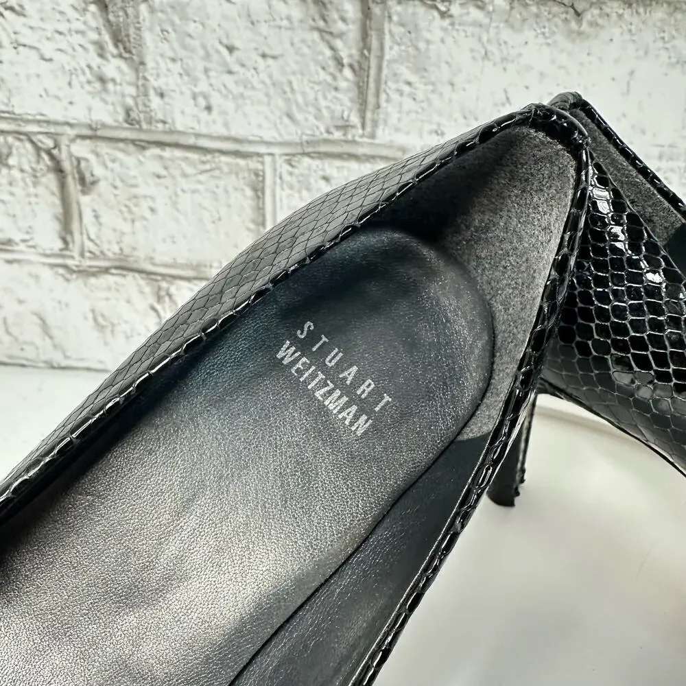 Stuart Weitzman Heels Leather Croc Snake Pattern Patent Peep Toe Pump Black 7.5